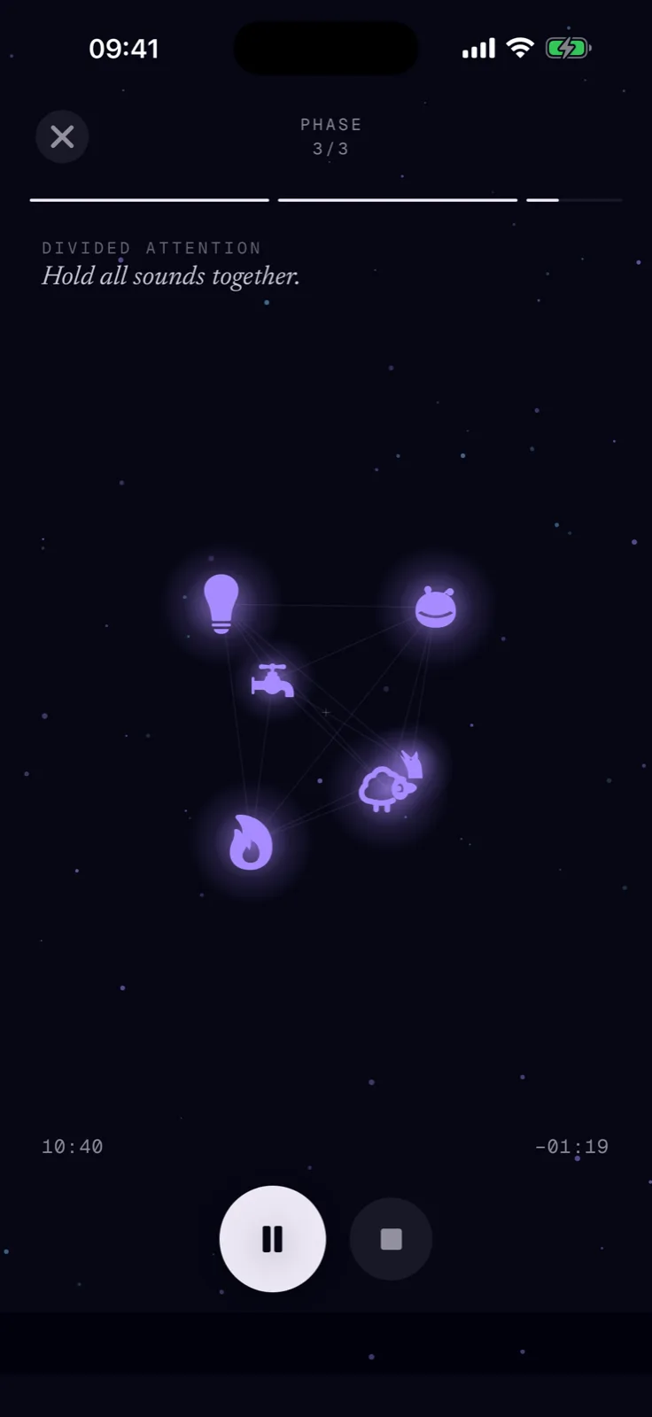 Heed session screen: sounds arranged around the listener in 3D space